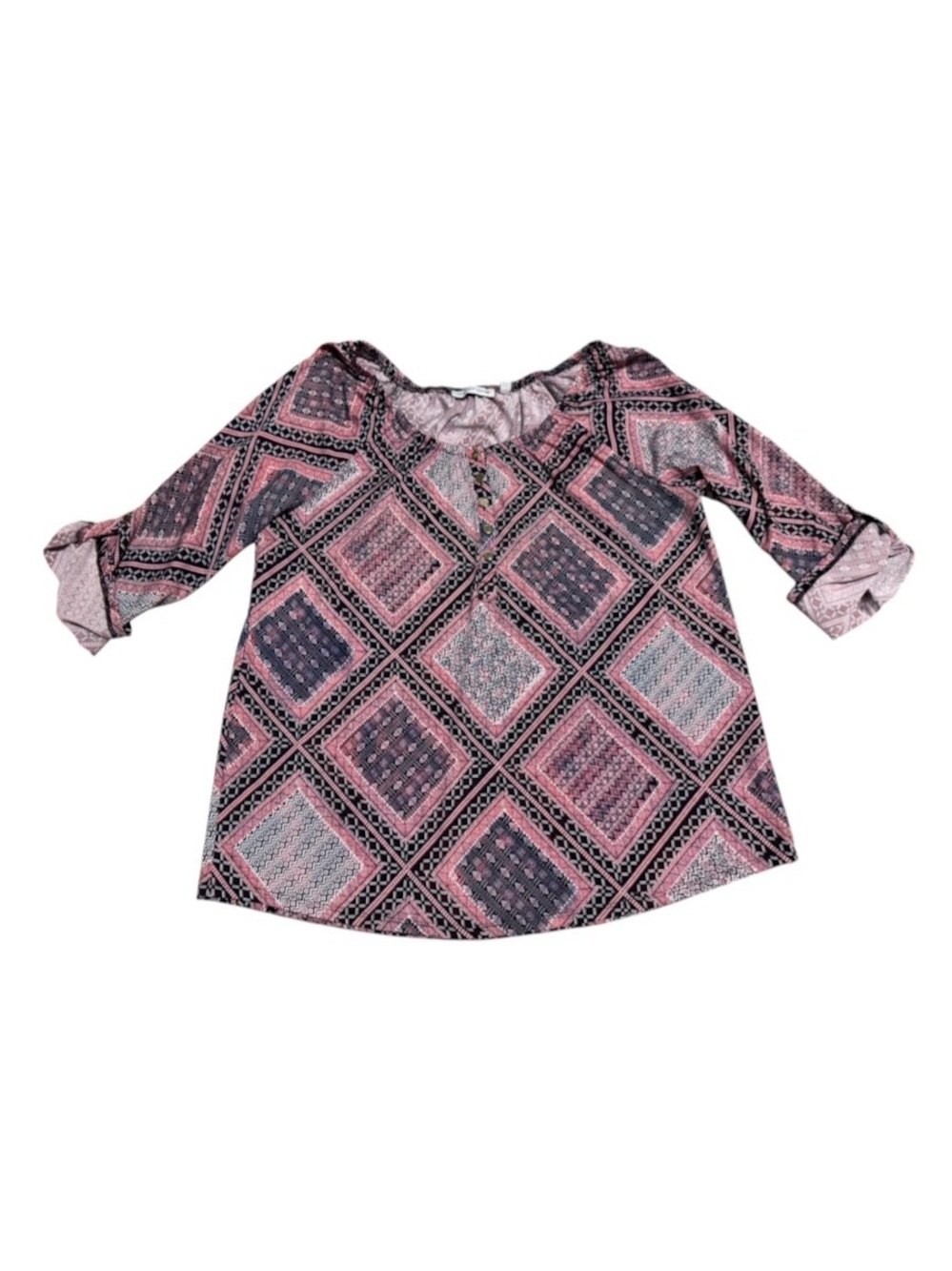 Pink Geometric Print Blouse with 3/4 Length Button Sleeve